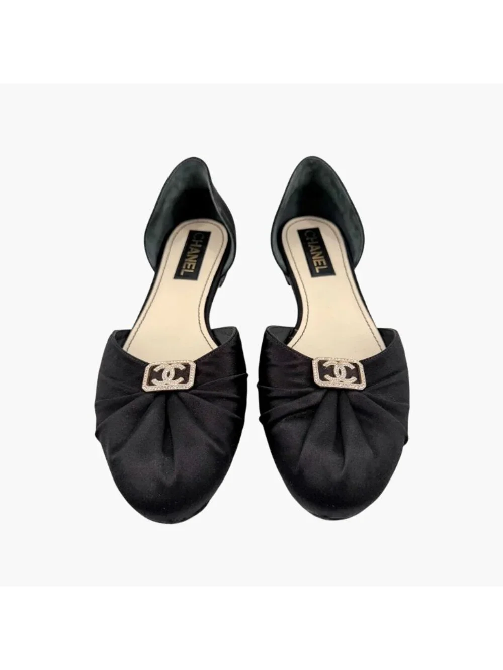 Chanel Crystal CC D’Orsay Ballet Flats Black Satin Size 42 US 11-11.5 Women’s